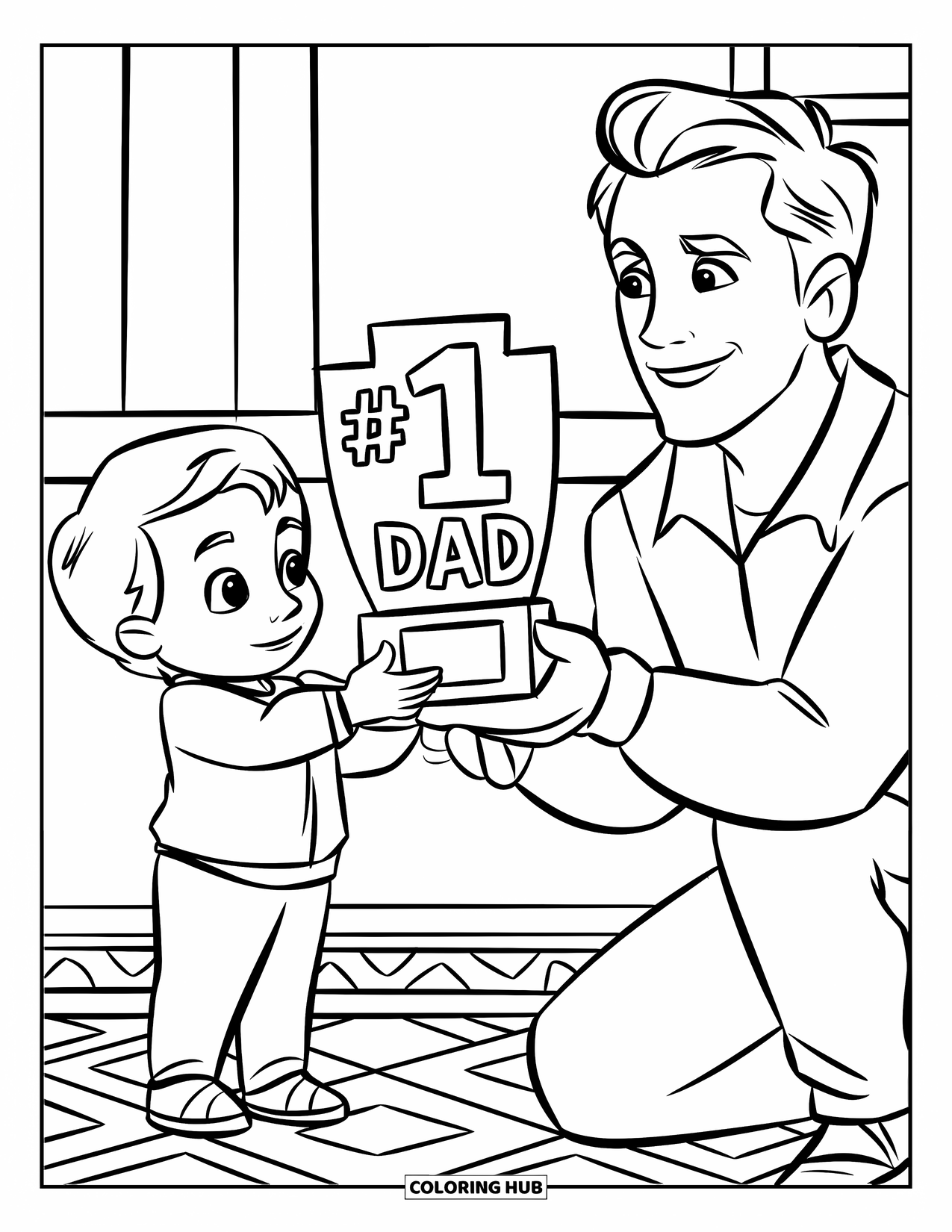 Happy Birthday Dad Coloring Page for Kids: A smiling Dad receives a trophy that says "#1 Dad" from his child