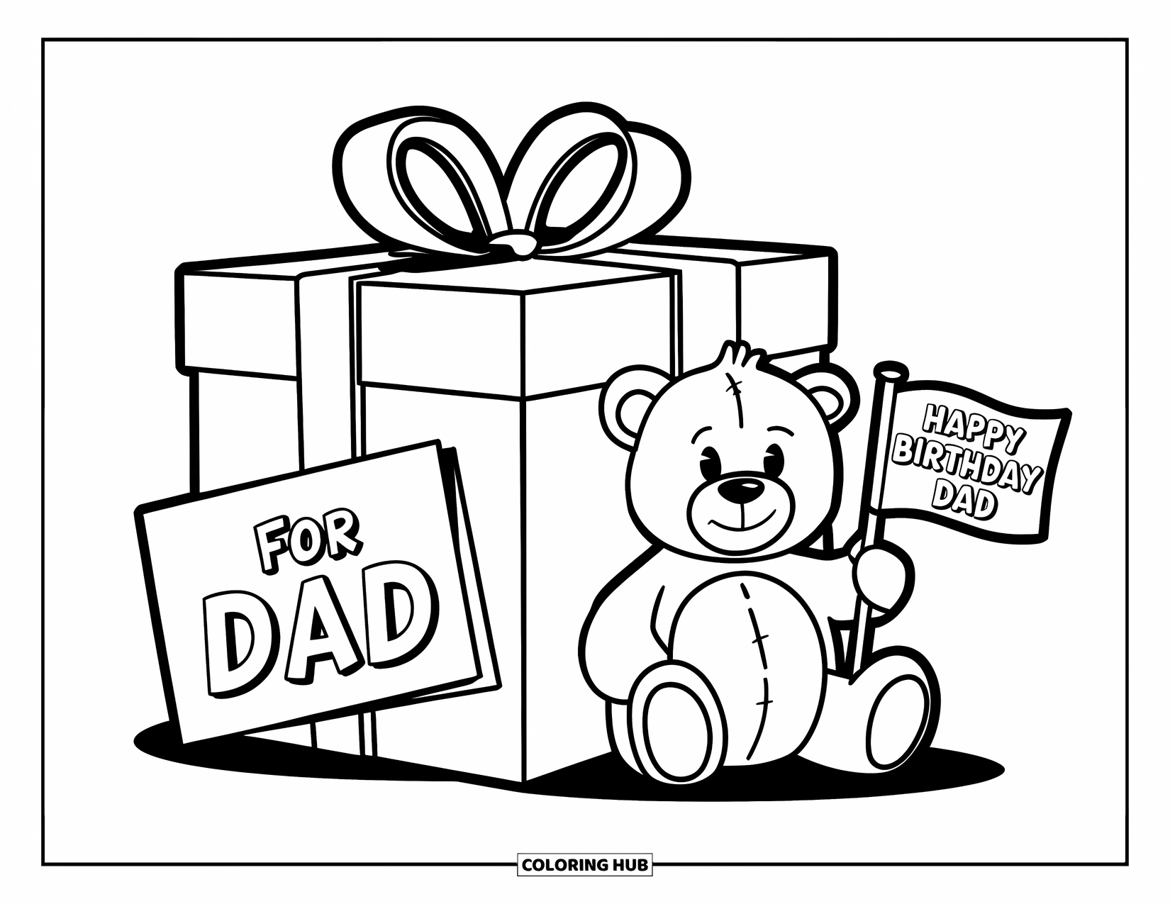 Happy Birthday Dad Coloring Page for Kids: A sweet birthday setup with a gift box and bear holding a tiny birthday flag