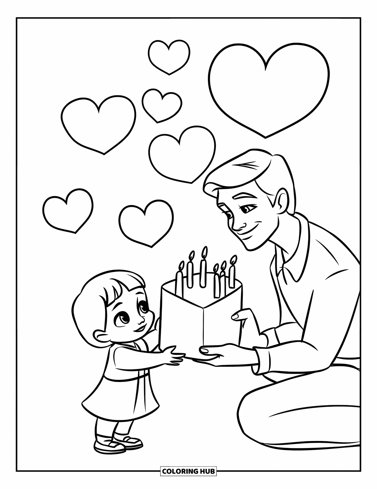 Happy Birthday Dad Coloring Page for Kids: A sweet moment as a child gives a giant card to Dad with hearts above