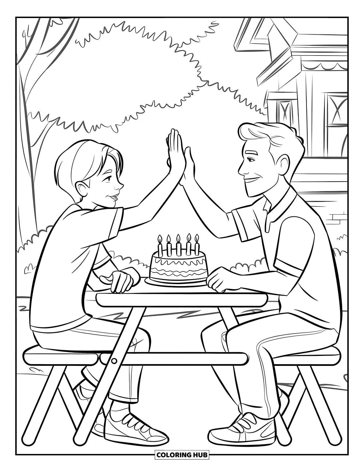 Happy Birthday Dad Coloring Page for Kids: A teen and Dad share a high five at a picnic table with a birthday cake between them