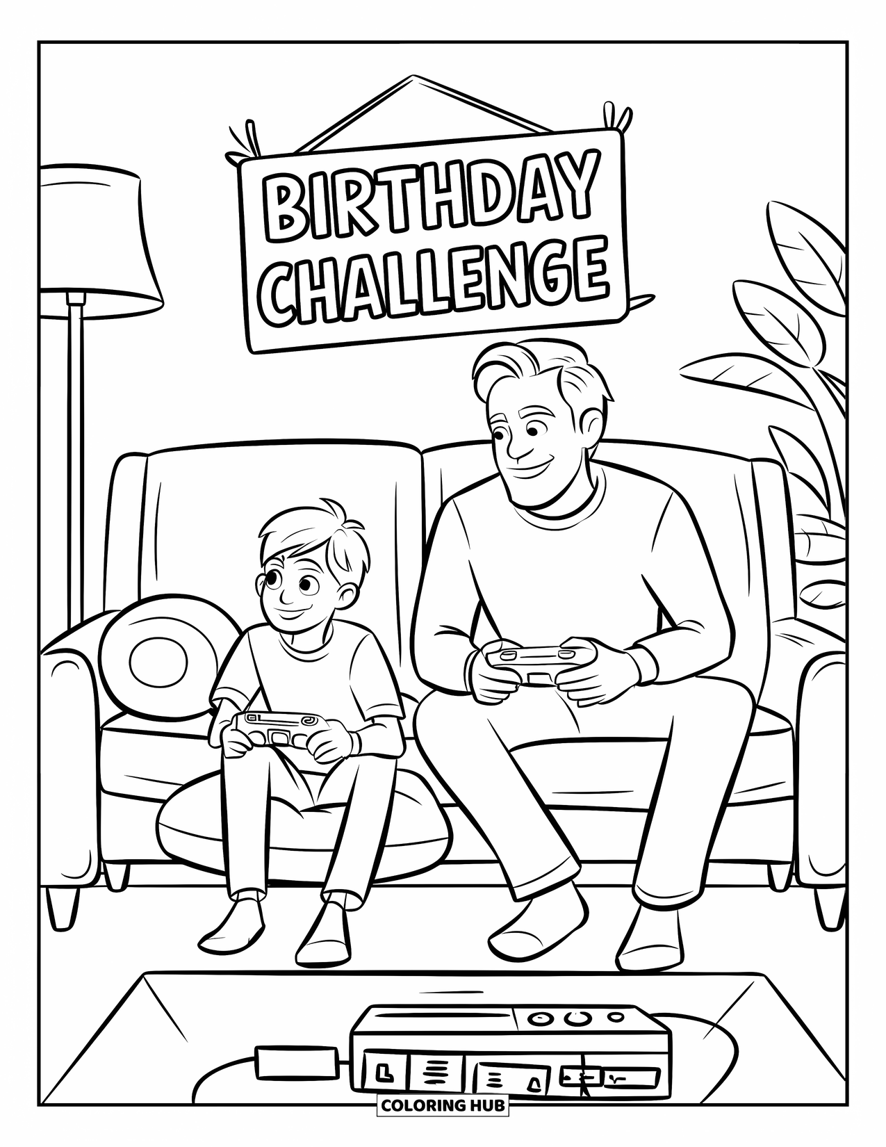Happy Birthday Dad Coloring Page for Kids: A teen sits on a cushion as he and Dad battle it out in a video game