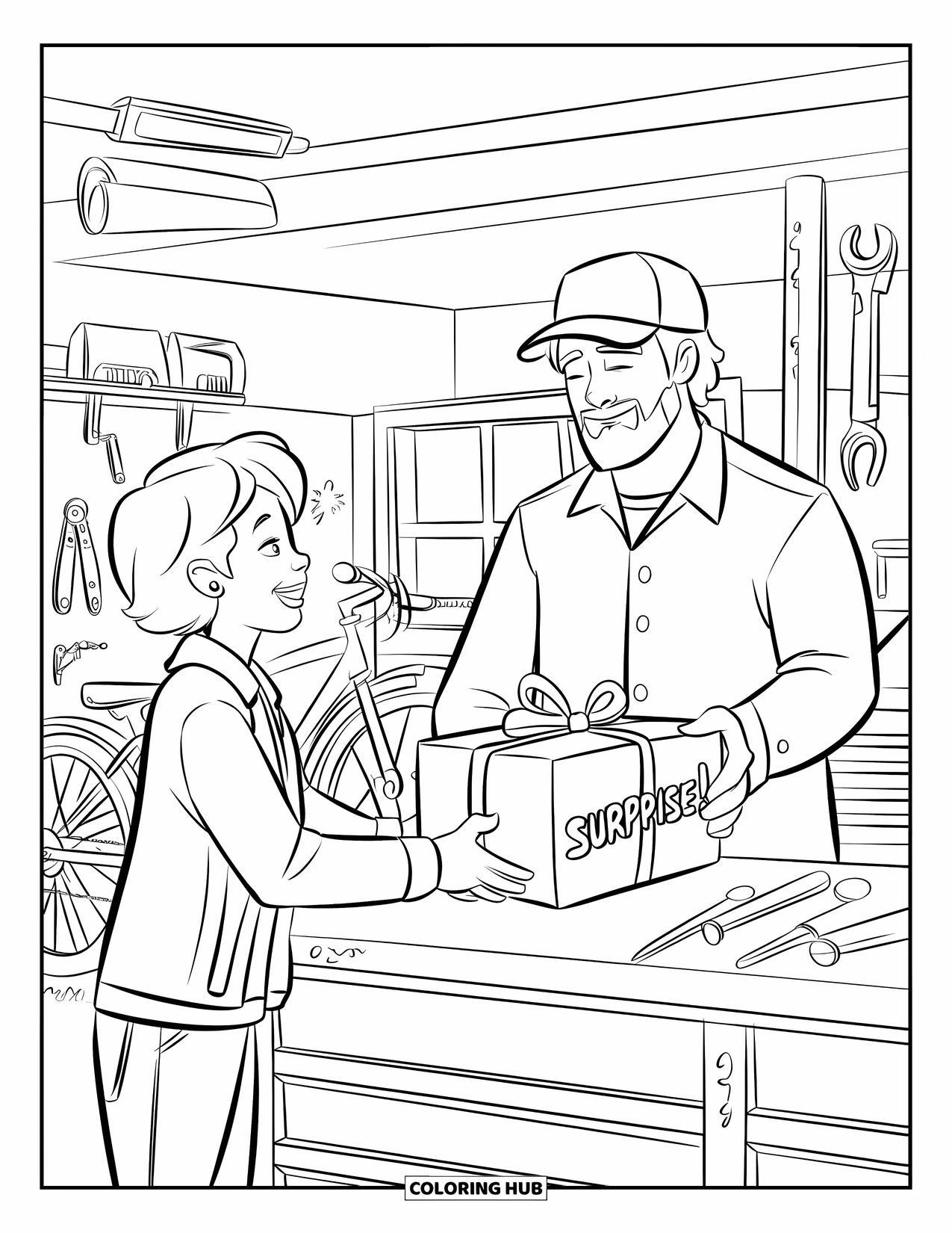 Happy Birthday Dad Coloring Page for Kids: A teen surprises Dad in the garage with a box labeled "Surprise!" at the workbench