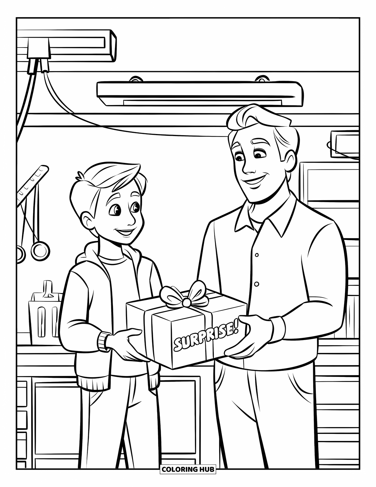 Happy Birthday Dad Coloring Page for Kids: A teen surprises Dad in the garage with a wrapped box labeled "Surprise!"
