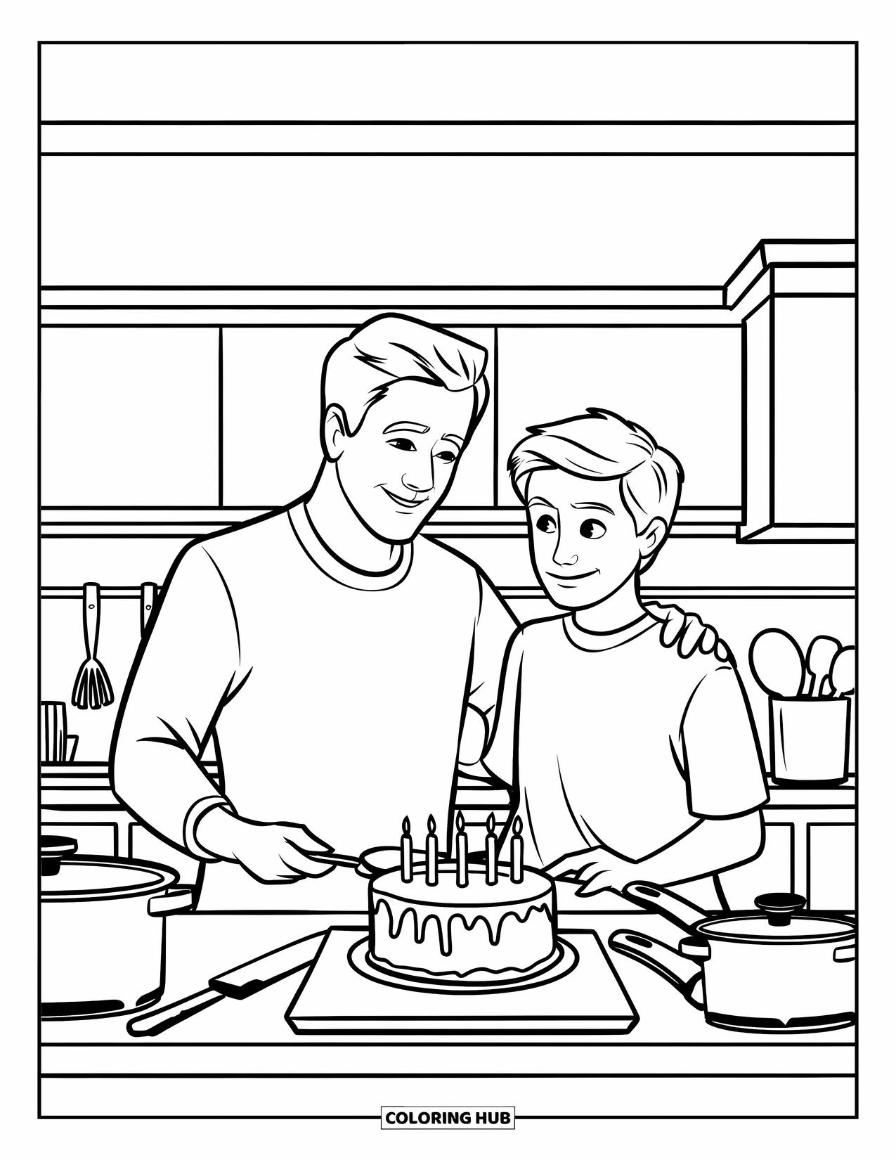 Happy Birthday Dad Coloring Page for Kids: A warm kitchen moment with Dad and teen baking next to a birthday cake
