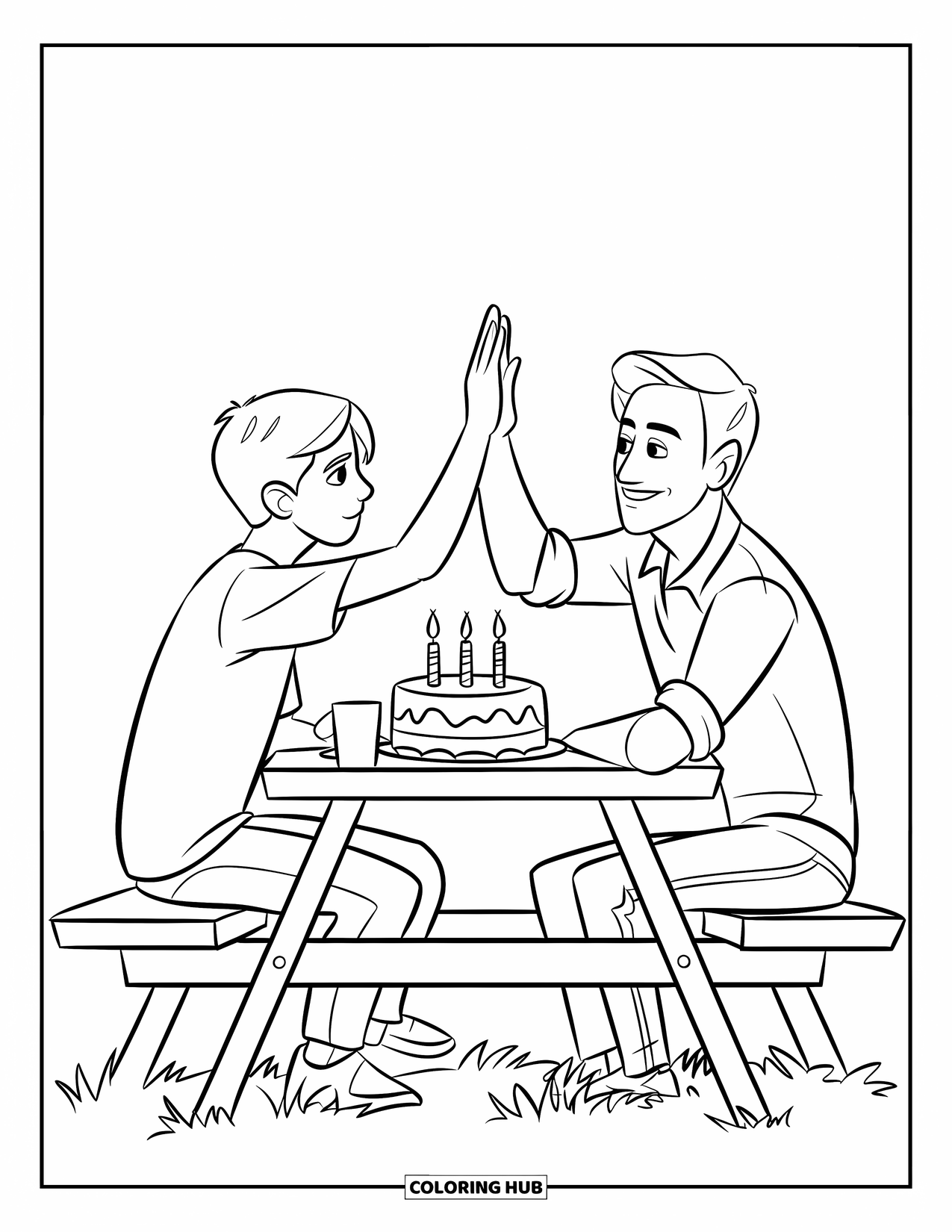 Happy Birthday Dad Coloring Page for Kids: Dad and teen celebrate at a picnic table with candles glowing on a birthday cake