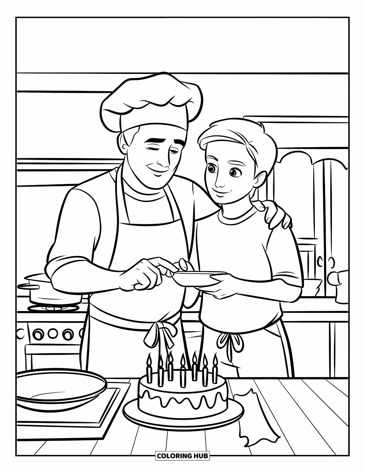 Happy Birthday Dad Coloring Page for Kids: Dad and teen share a laugh while cooking beside a cake and pots