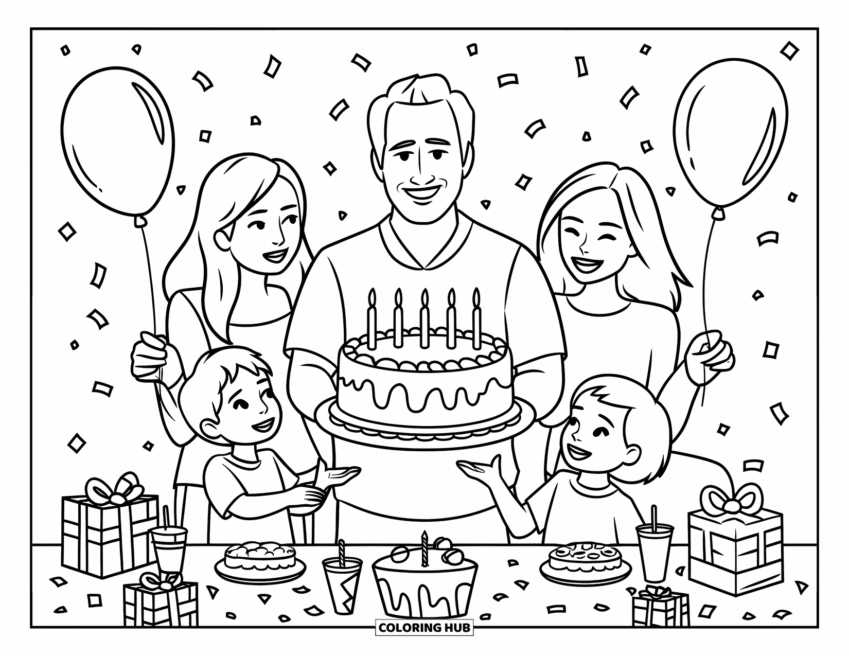 Happy Birthday Dad Coloring Page for Kids: Dad holds a big cake while his family celebrates with balloons, gifts, and party treats