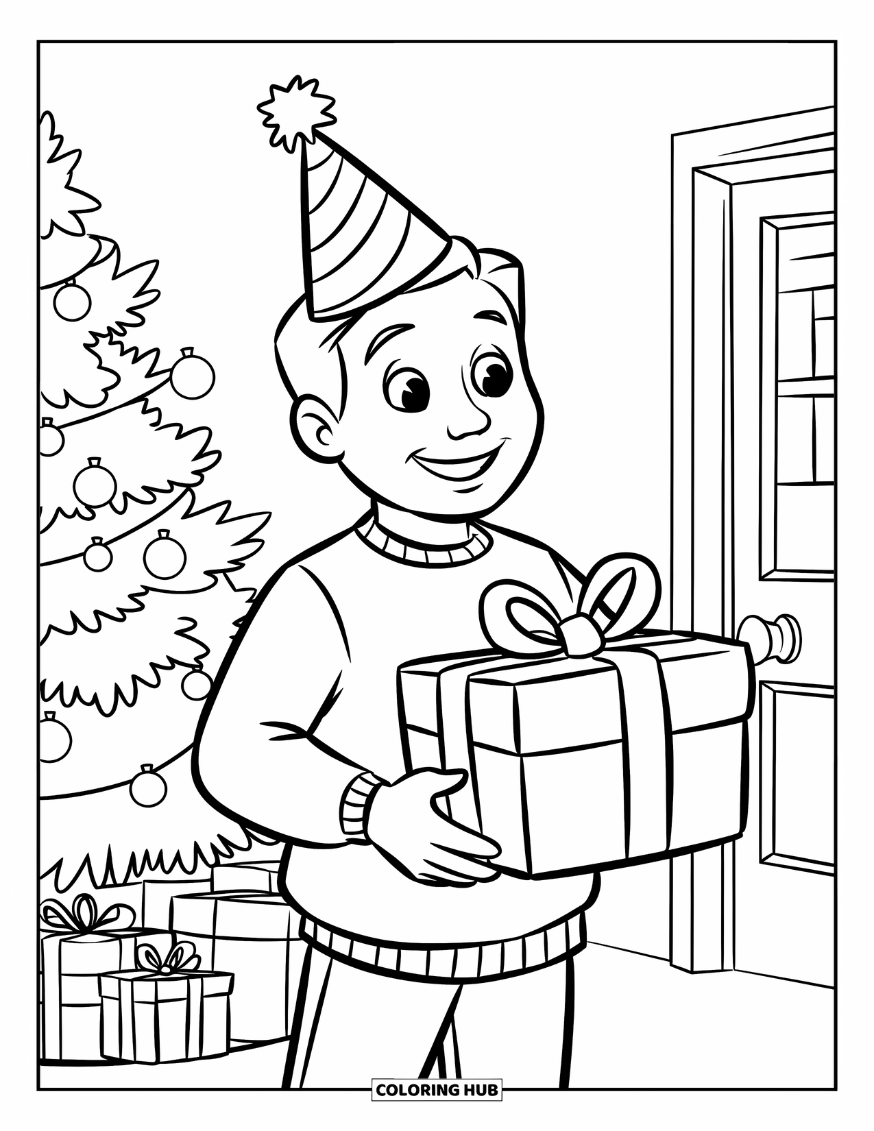 Happy Birthday Dad Coloring Page for Kids: Dad in a party hat holds a gift near a tree and decorations