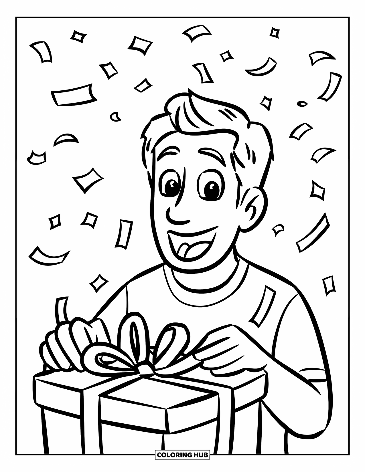 Happy Birthday Dad Coloring Page for Kids: Dad opens a surprise gift as confetti rains down with a big smile on his face