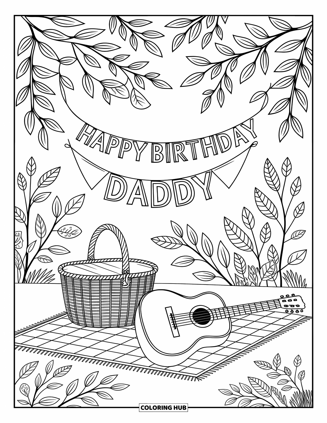 Happy Birthday Daddy Coloring Page for Adults: A guitar and basket sit beneath a birthday flag in a peaceful forest