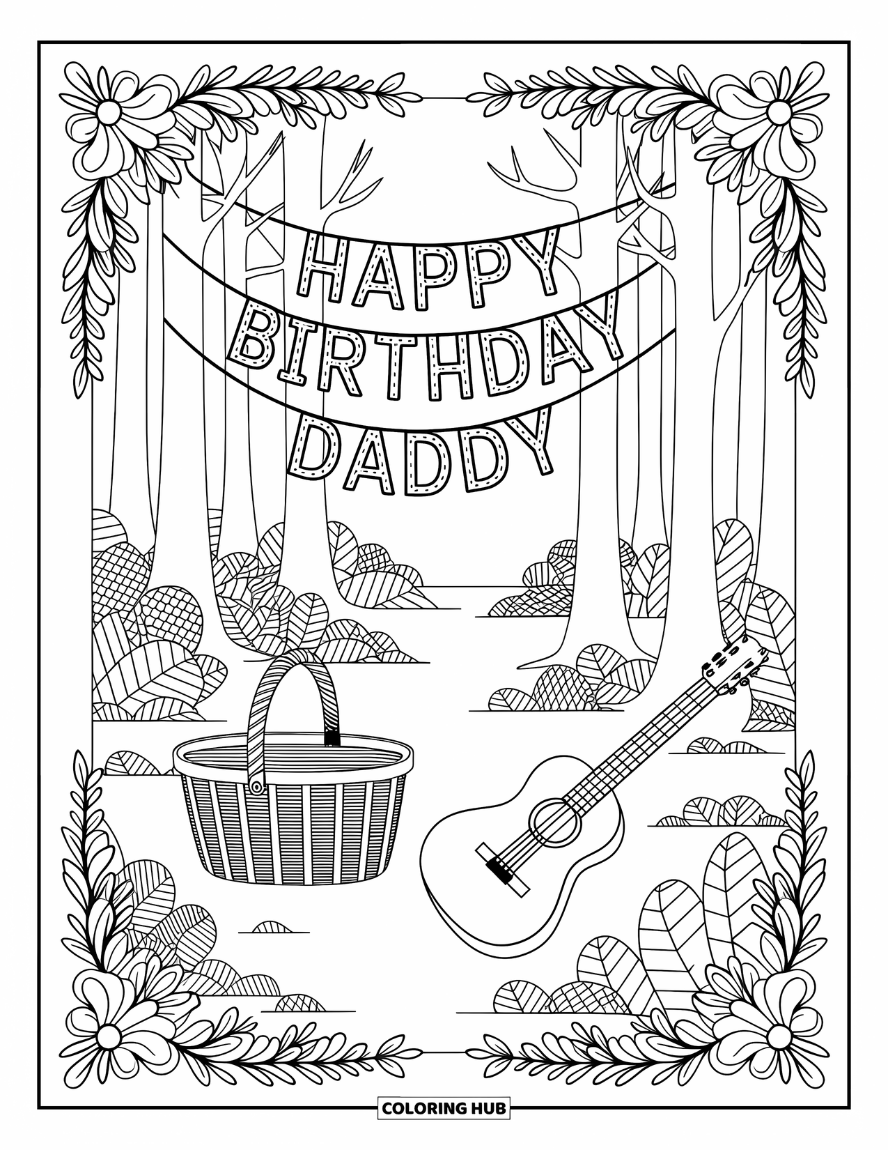 Happy Birthday Daddy Coloring Page for Adults: Birthday picnic setup in a forest filled with leaves and gentle patterns