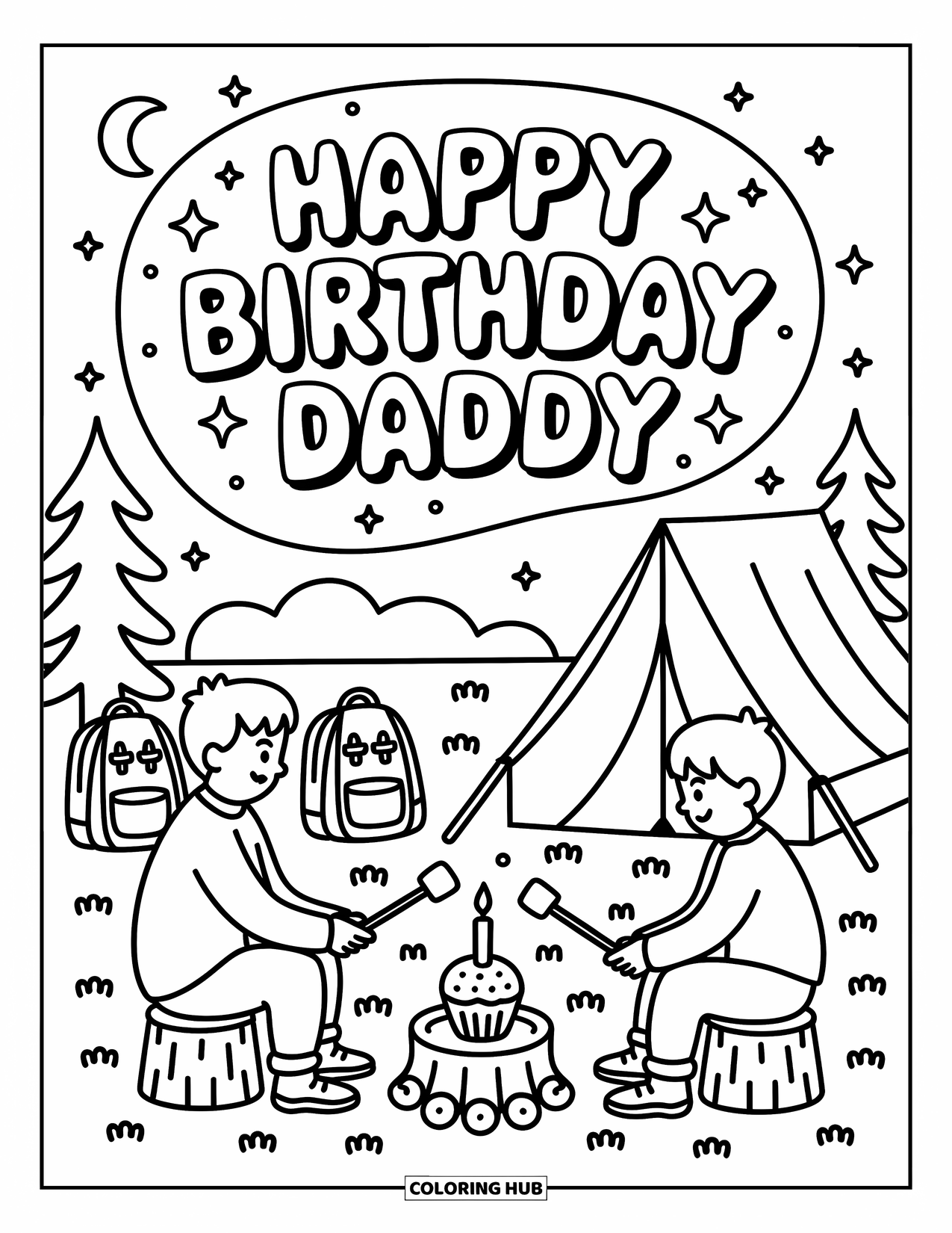 Happy Birthday Daddy Coloring Page for Adults: Campfire fun with marshmallows, a cupcake, and sweet birthday wishes for dad