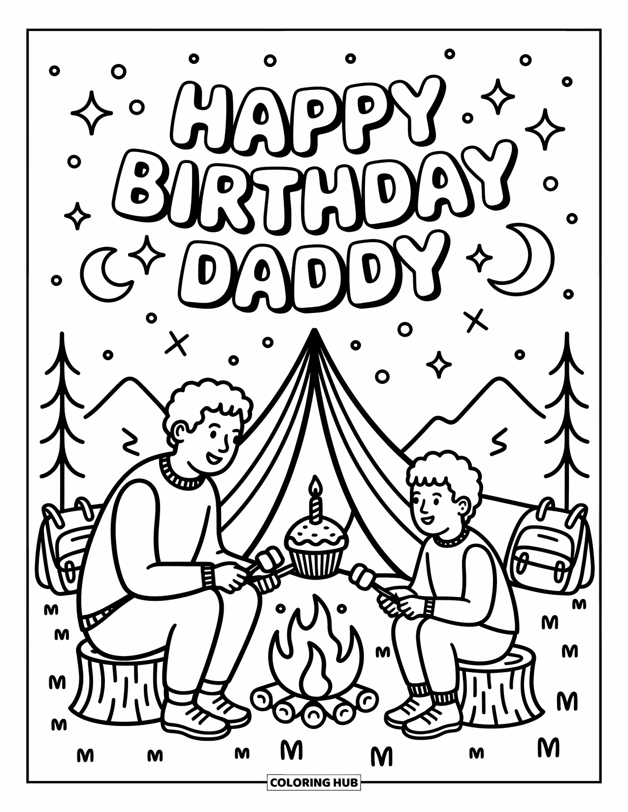 Happy Birthday Daddy Coloring Page for Adults: Cozy camping scene with marshmallows, a cupcake, and a "Happy Birthday Daddy" banner