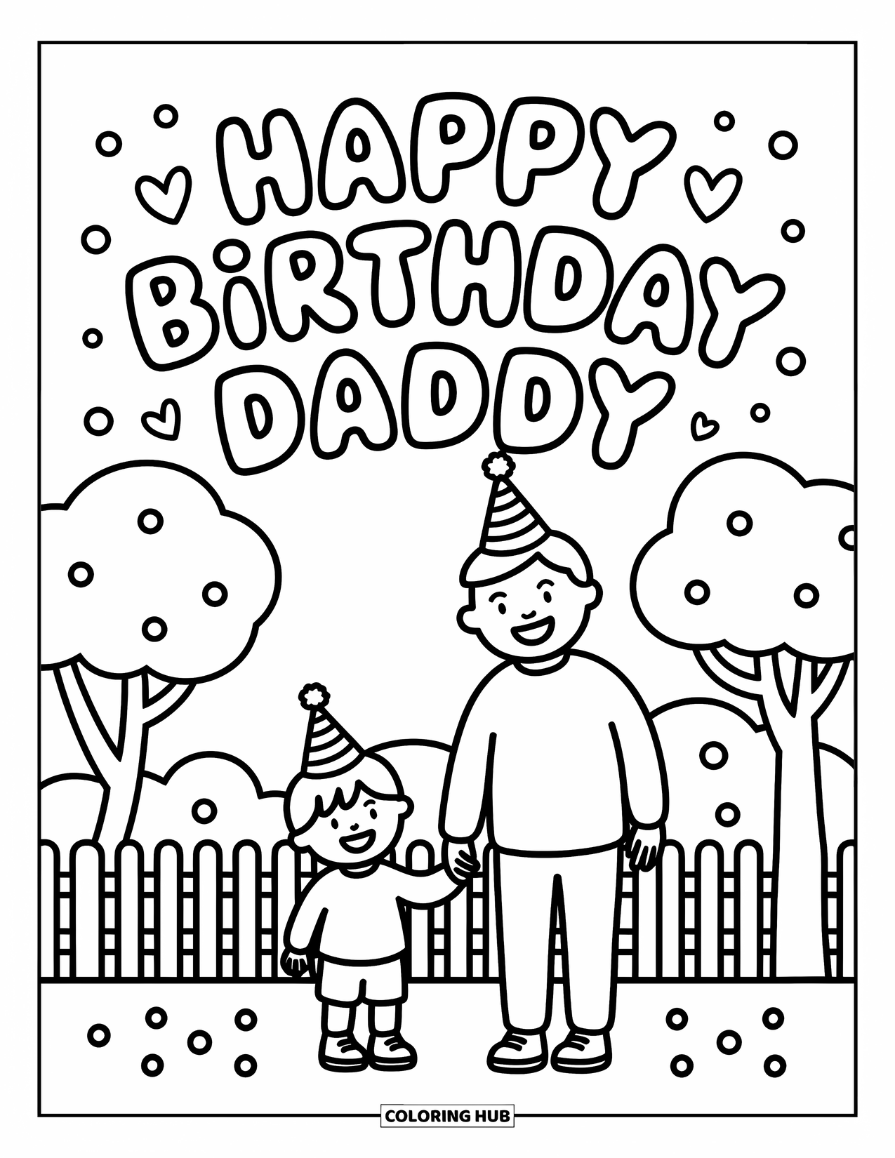 Happy Birthday Daddy Coloring Page for Adults: Dad and child hold hands with party hats under a big birthday banner