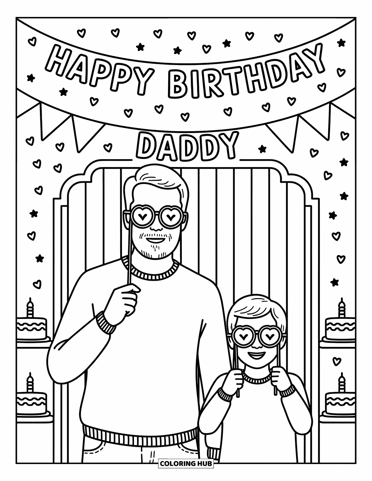 Happy Birthday Daddy Coloring Page for Adults: Dad and child pose in a photo booth with silly glasses and a fun backdrop