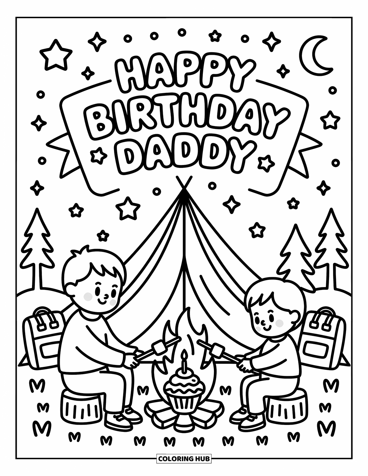 Happy Birthday Daddy Coloring Page for Adults: Dad and child roast marshmallows at a campsite with a cupcake and birthday banner