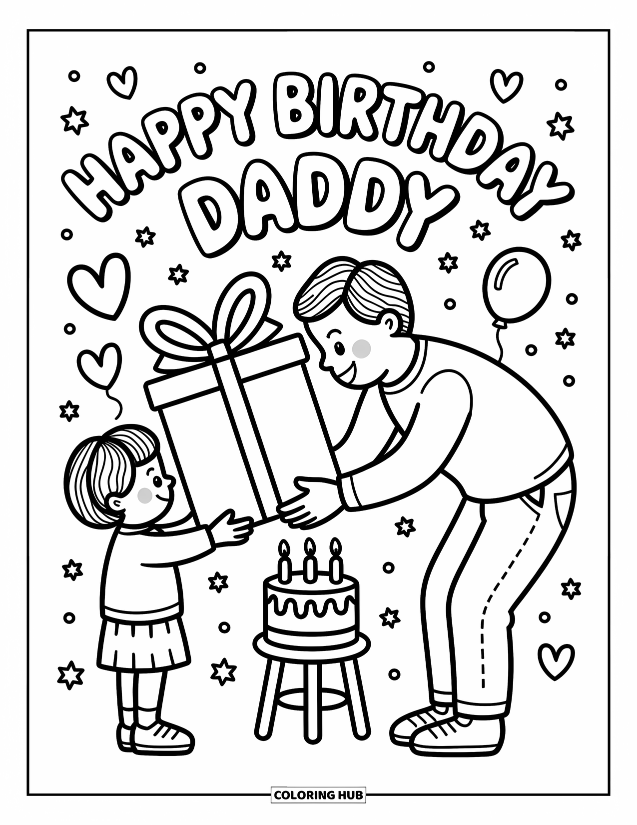 Happy Birthday Daddy Coloring Page for Adults: Dad bends for a hug while receiving a gift from his happy child
