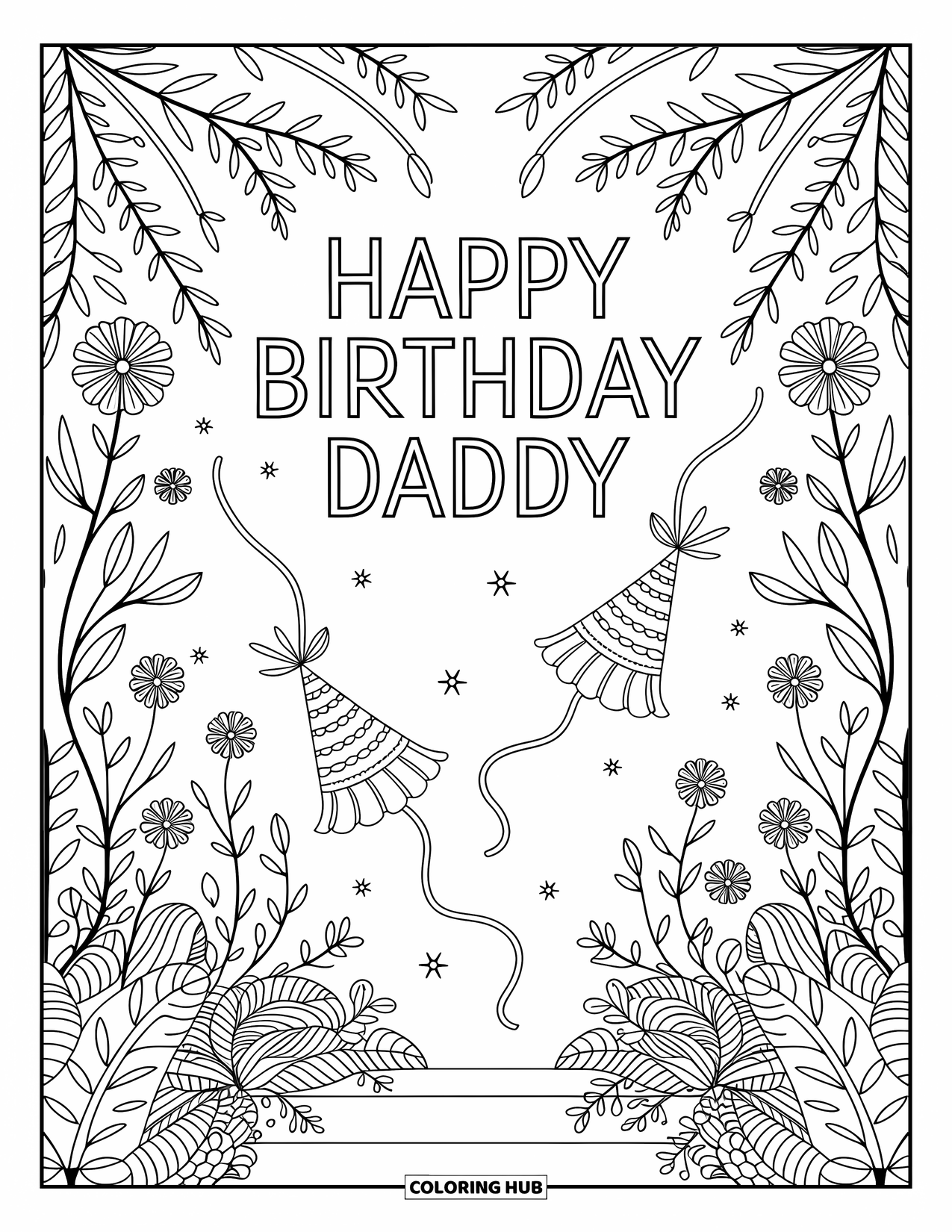 Happy Birthday Daddy Coloring Page for Adults: Detailed floral scene with vines and party streamers under birthday text