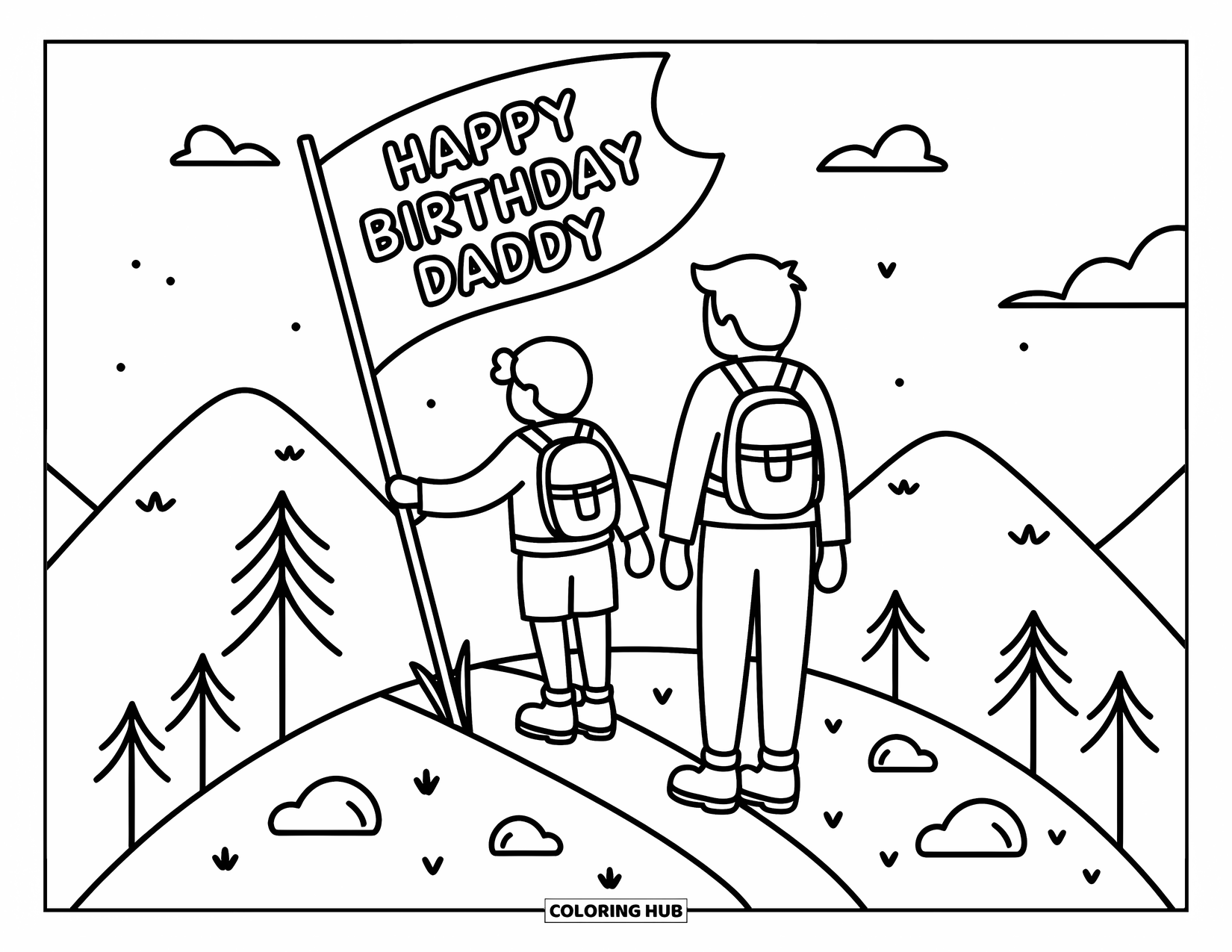 Happy Birthday Daddy Coloring Page for Adults: Father and child hike to a hilltop to plant a birthday flag with love