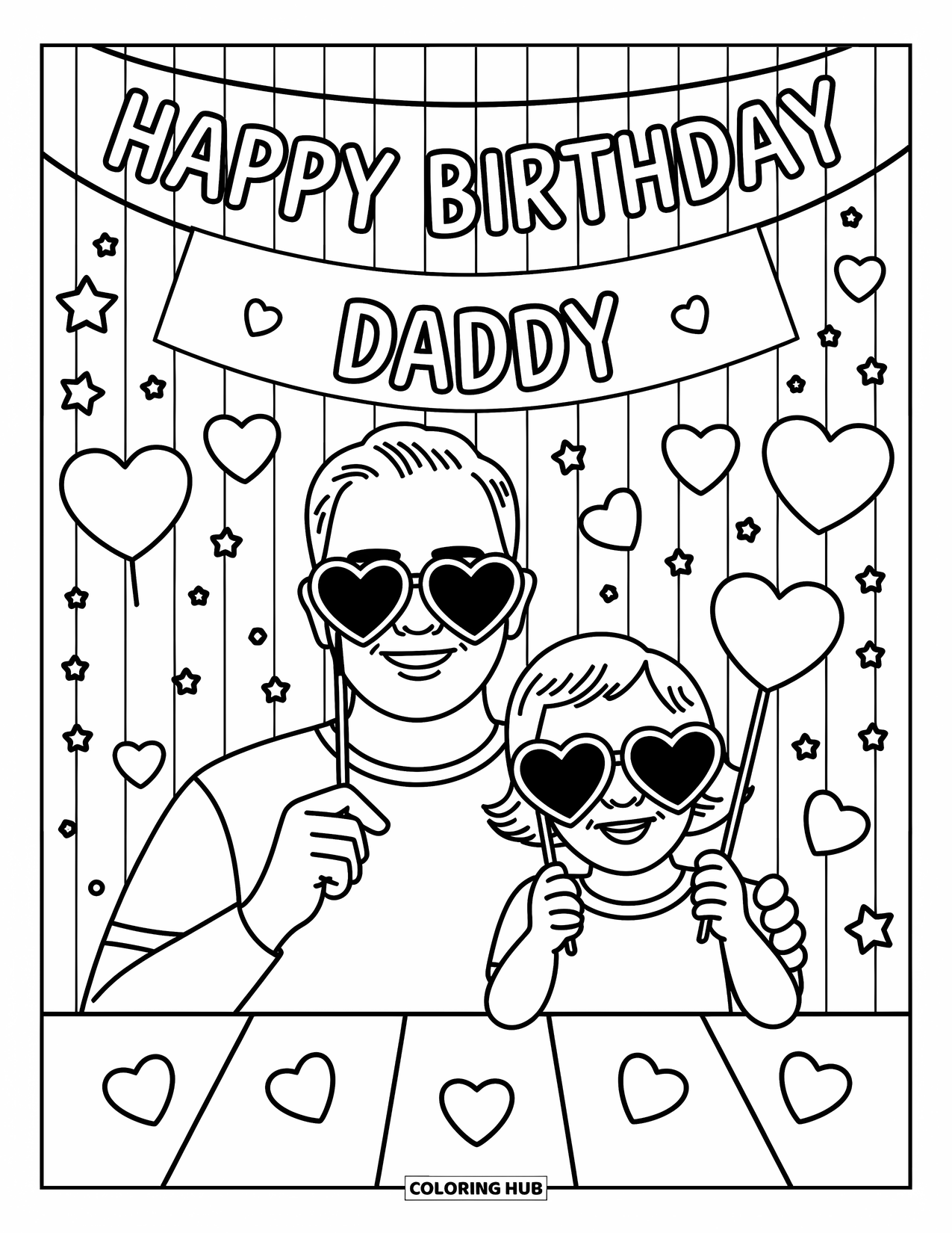 Happy Birthday Daddy Coloring Page for Adults: Fun photo booth moment with goofy glasses and a sweet birthday message for dad