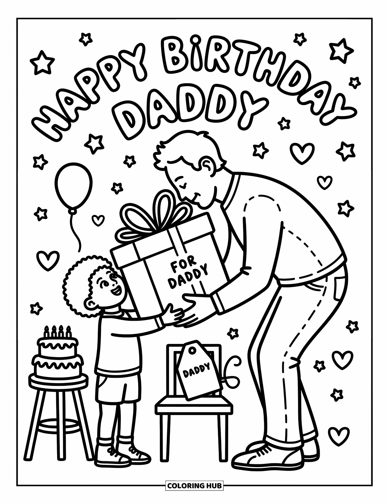Happy Birthday Daddy Coloring Page for Adults: Joyful gift-giving moment between child and dad, surrounded by hearts and stars