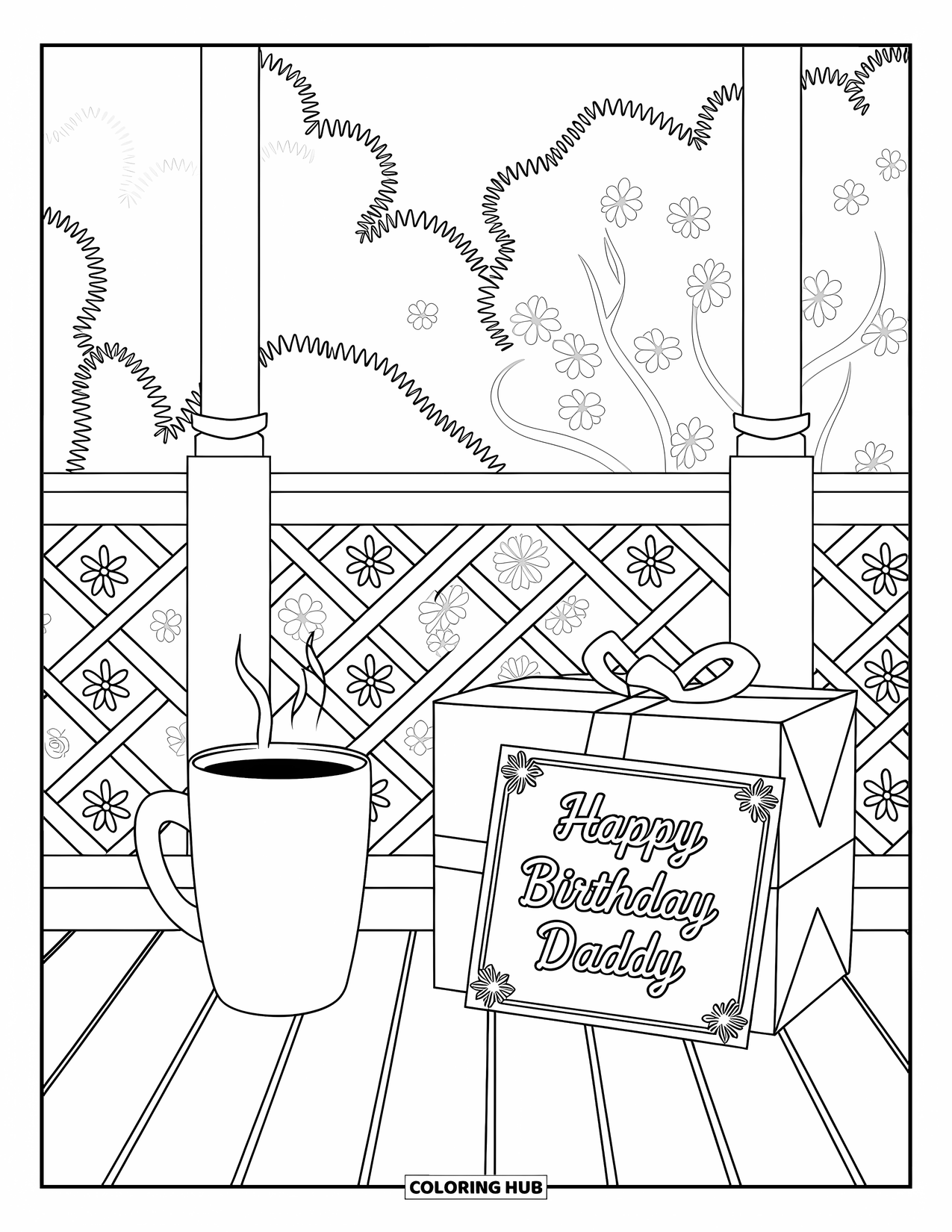 Happy Birthday Daddy Coloring Page for Adults: Porch scene with mug, gift, and "Happy Birthday Daddy" in graceful outline