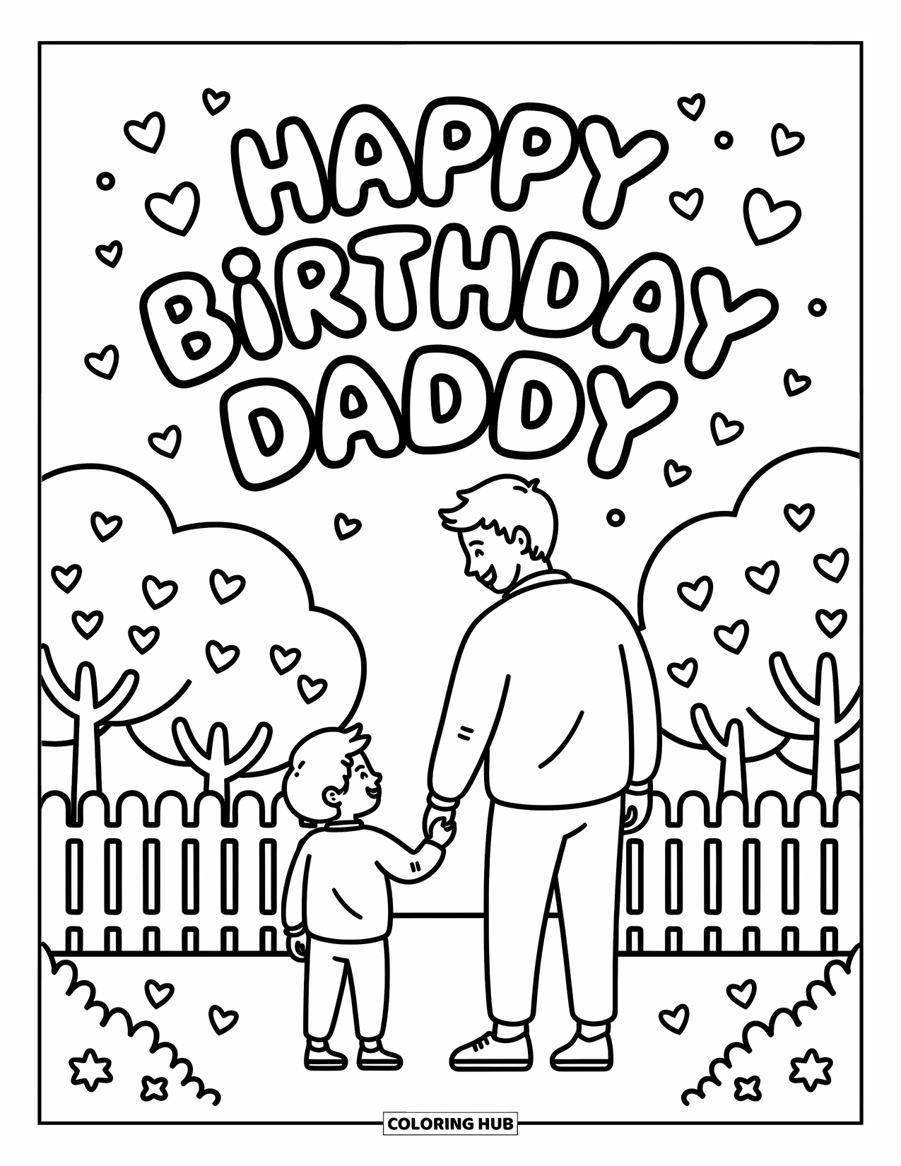 Happy Birthday Daddy Coloring Page for Adults: Smiling father and child stand outdoors with party hats and a birthday arch