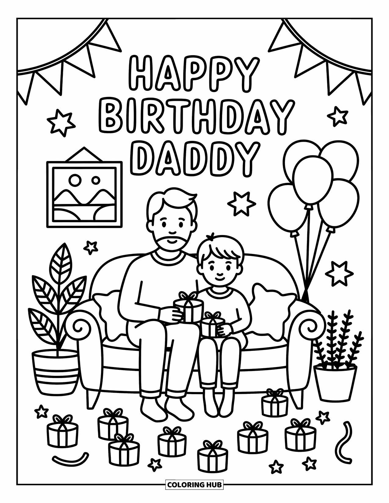 Happy Birthday Daddy Coloring Page for Adults: Sweet birthday moment on the couch with dad, child, and colorful decorations