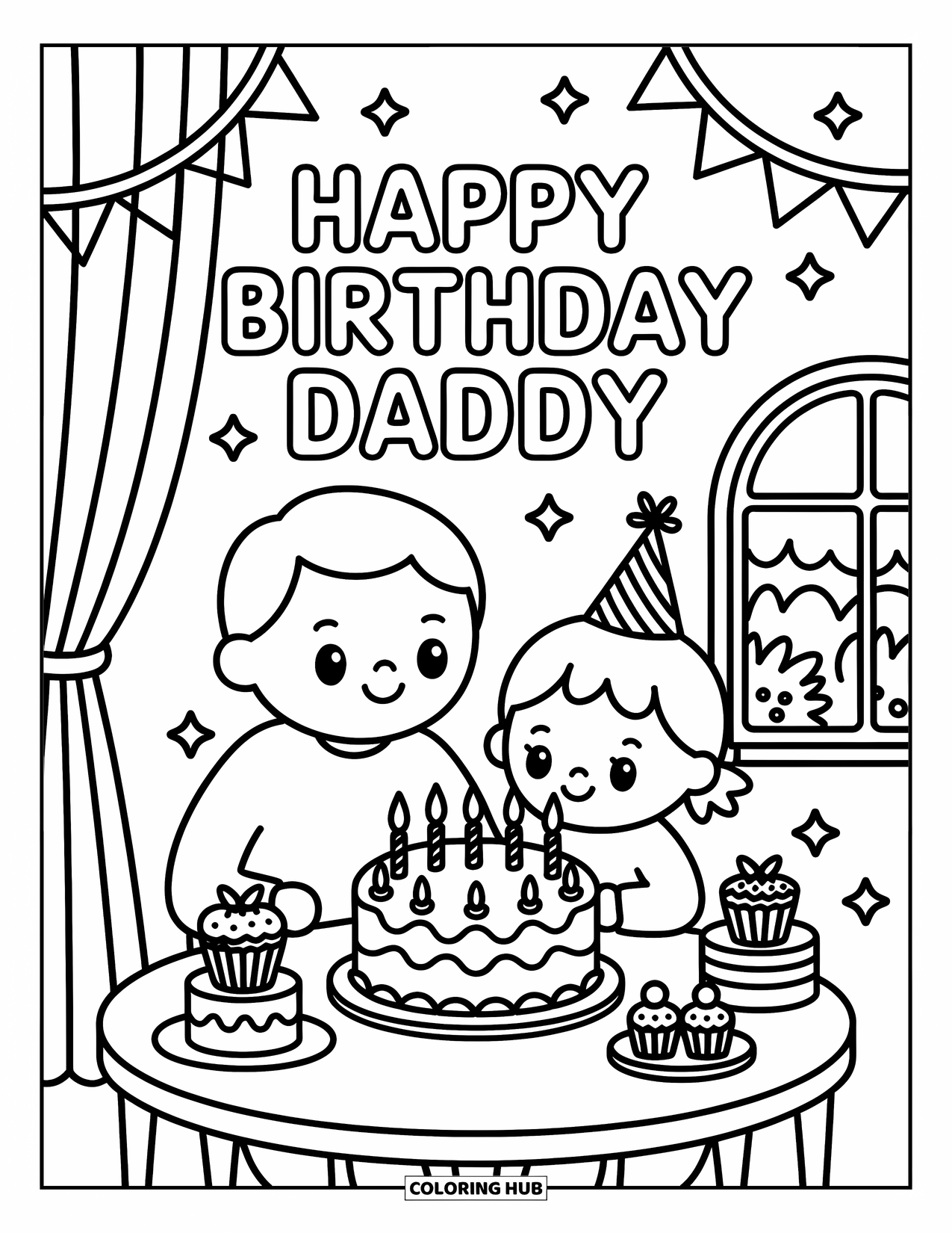 Happy Birthday Daddy Coloring Page for Adults: Sweet indoor party scene with dad, child, cake, and curved streamers