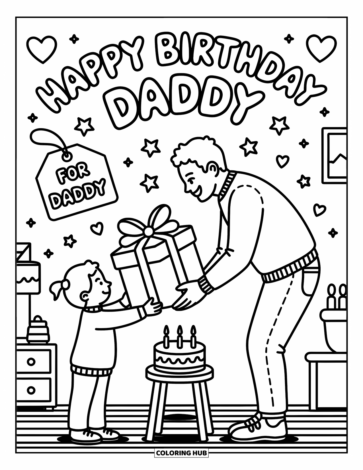 Happy Birthday Daddy Coloring Page for Adults: Warm birthday hug as a child gives dad a special gift with floating hearts