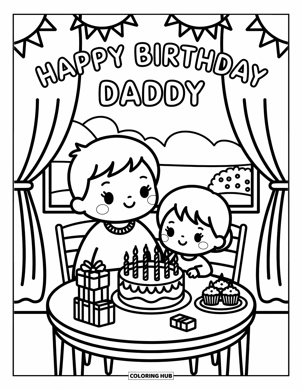 Happy Birthday Daddy Coloring Page for Adults: Warm birthday table moment with cupcakes, candles, and loving decorations