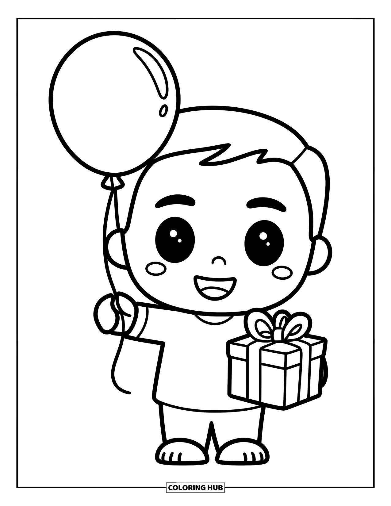 Happy Birthday Daddy Coloring Page for Kids: Chibi Daddy smiles while holding a balloon and a gift