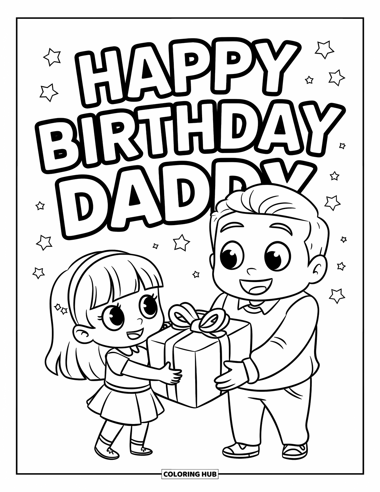 Happy Birthday Daddy Coloring Page for Kids: Chibi girl hands Daddy a large gift with "Happy Birthday Daddy" written above