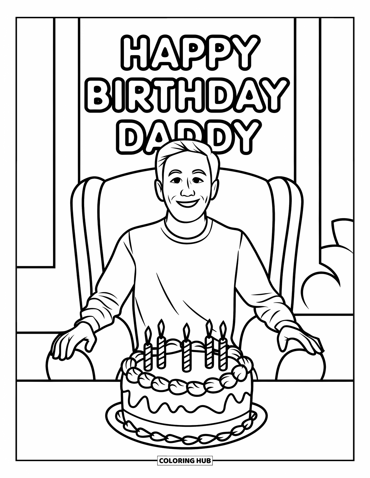 Happy Birthday Daddy Coloring Page for Kids: Daddy sits cheerfully with a birthday cake and warm wishes above him