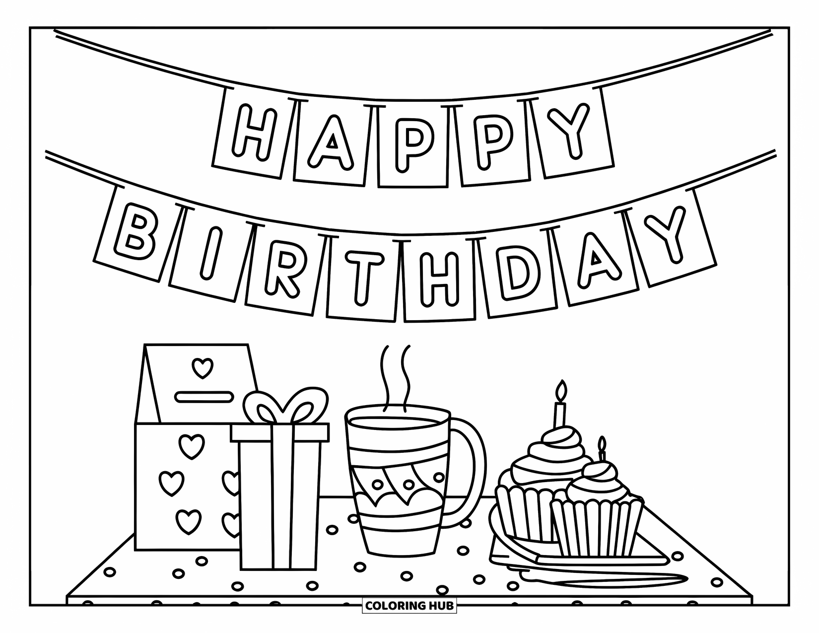 Happy Birthday Daddy Coloring Page for Kids: Side table with card, mug, gift, cupcakes, and a "Happy Birthday Daddy" banner above