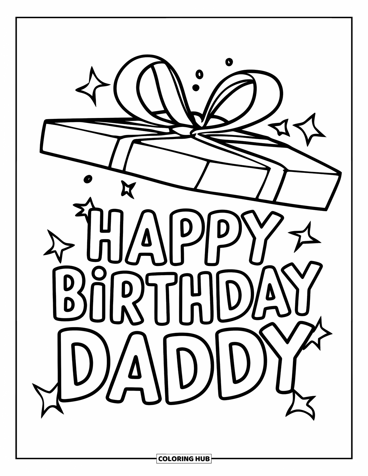 Happy Birthday Daddy Coloring Page for Kids: Surprise gift opens up to show a sweet "Happy Birthday Daddy" message