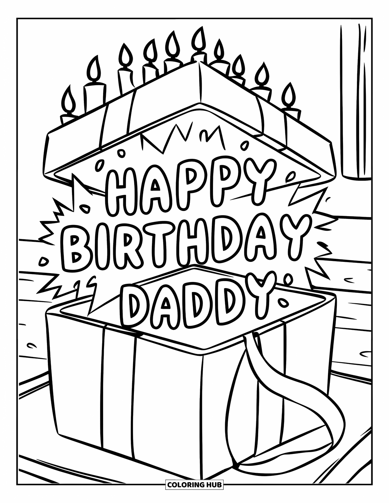 Happy Birthday Daddy Coloring Page for Kids: Wrapped present opens to reveal a birthday message for daddy
