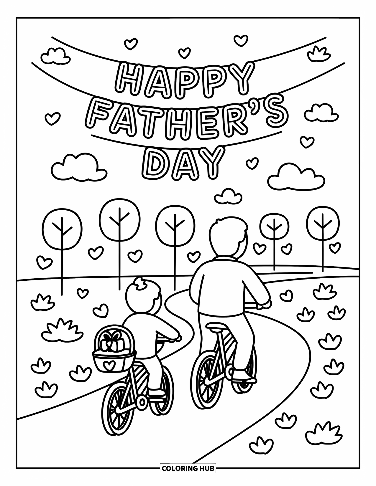 Happy Fathers Day Coloring Page for Adults: Cozy park ride with Dad, trees all around, and a gift-filled basket on the bike