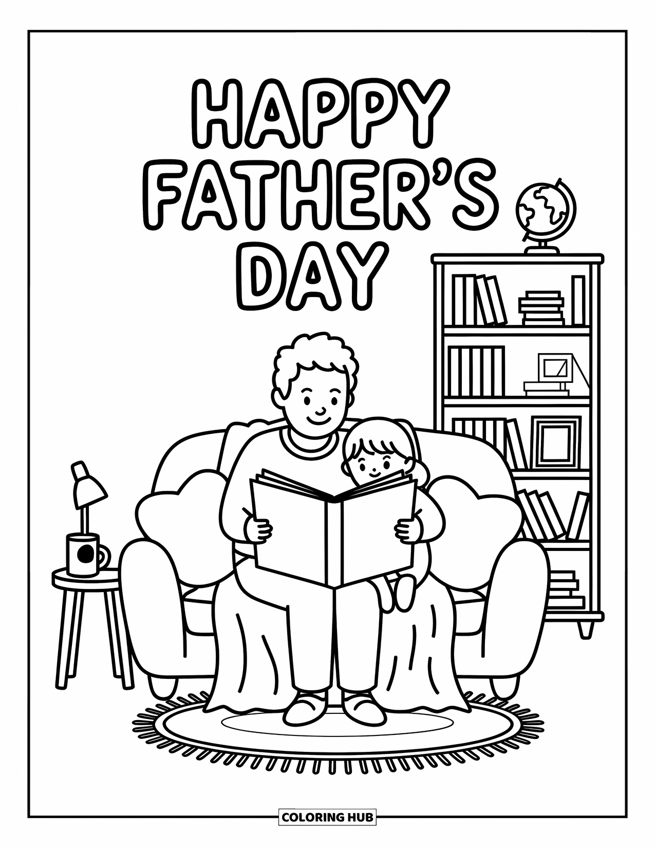 Happy Fathers Day Coloring Page for Adults: Dad and child cuddle on the couch reading a story with pillows, blankets, and books