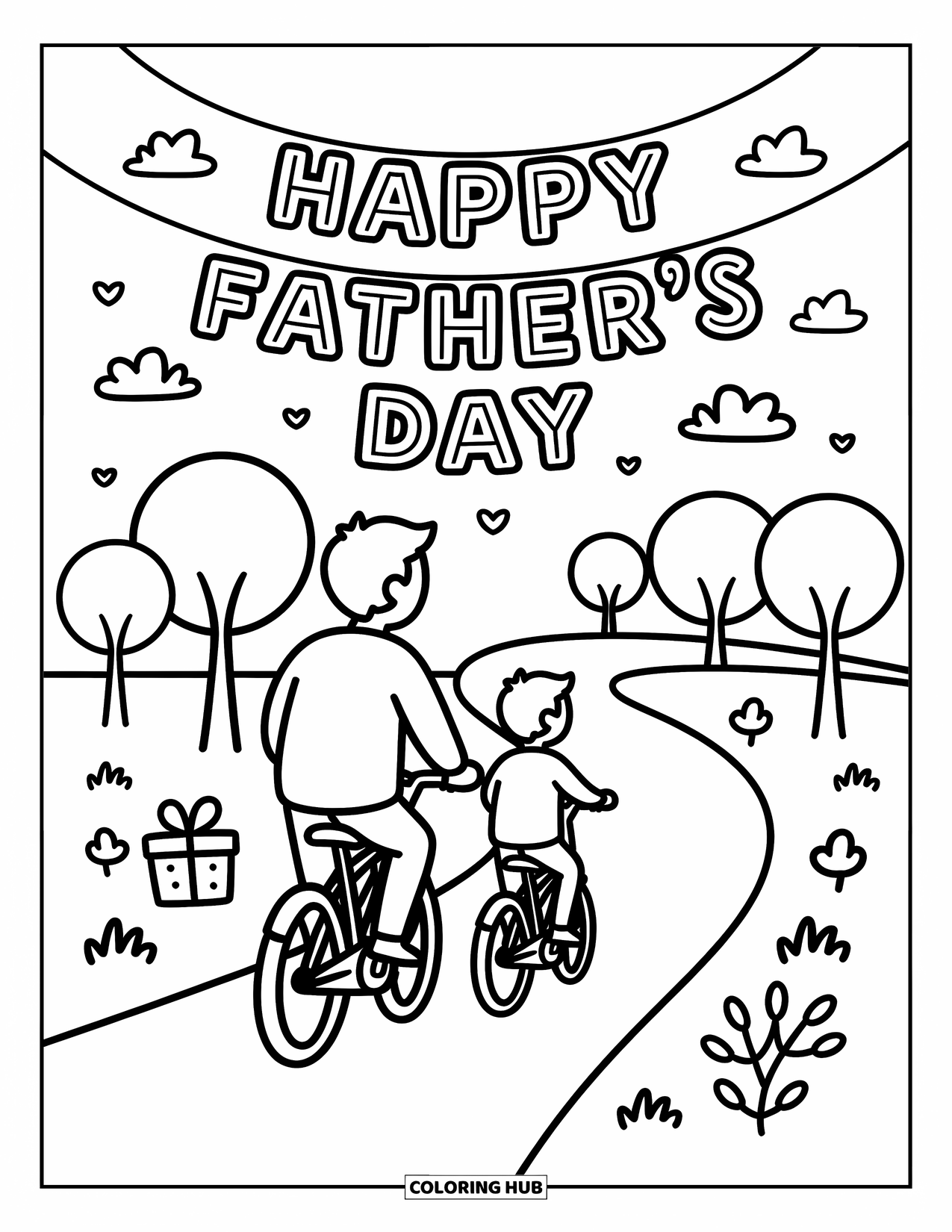 Happy Fathers Day Coloring Page for Adults: Dad and child ride bikes through a park with a festive "Happy Father's Day" banner