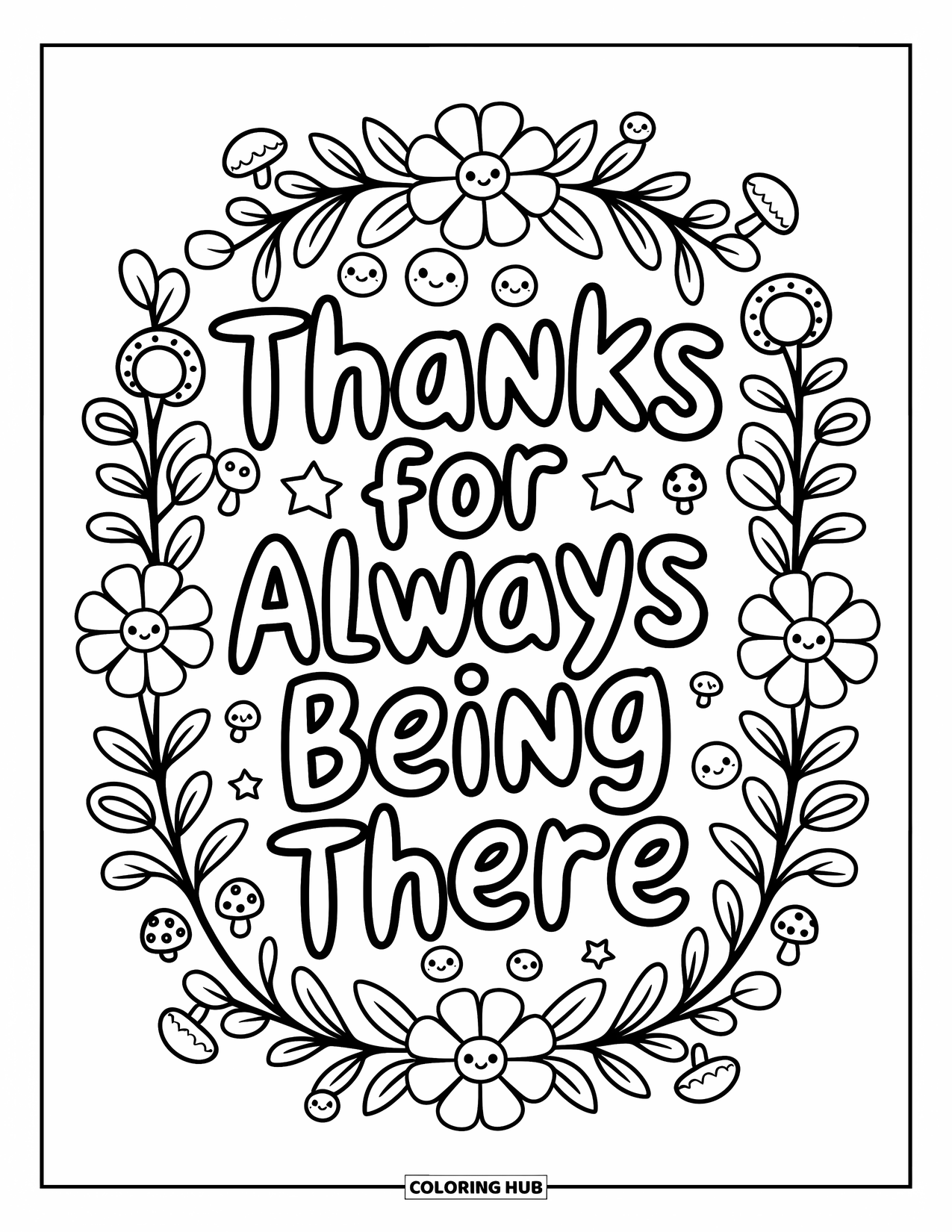 Happy Fathers Day Coloring Page for Adults: Sweet flowers and mini doodles surround the phrase "Thanks for always being there"