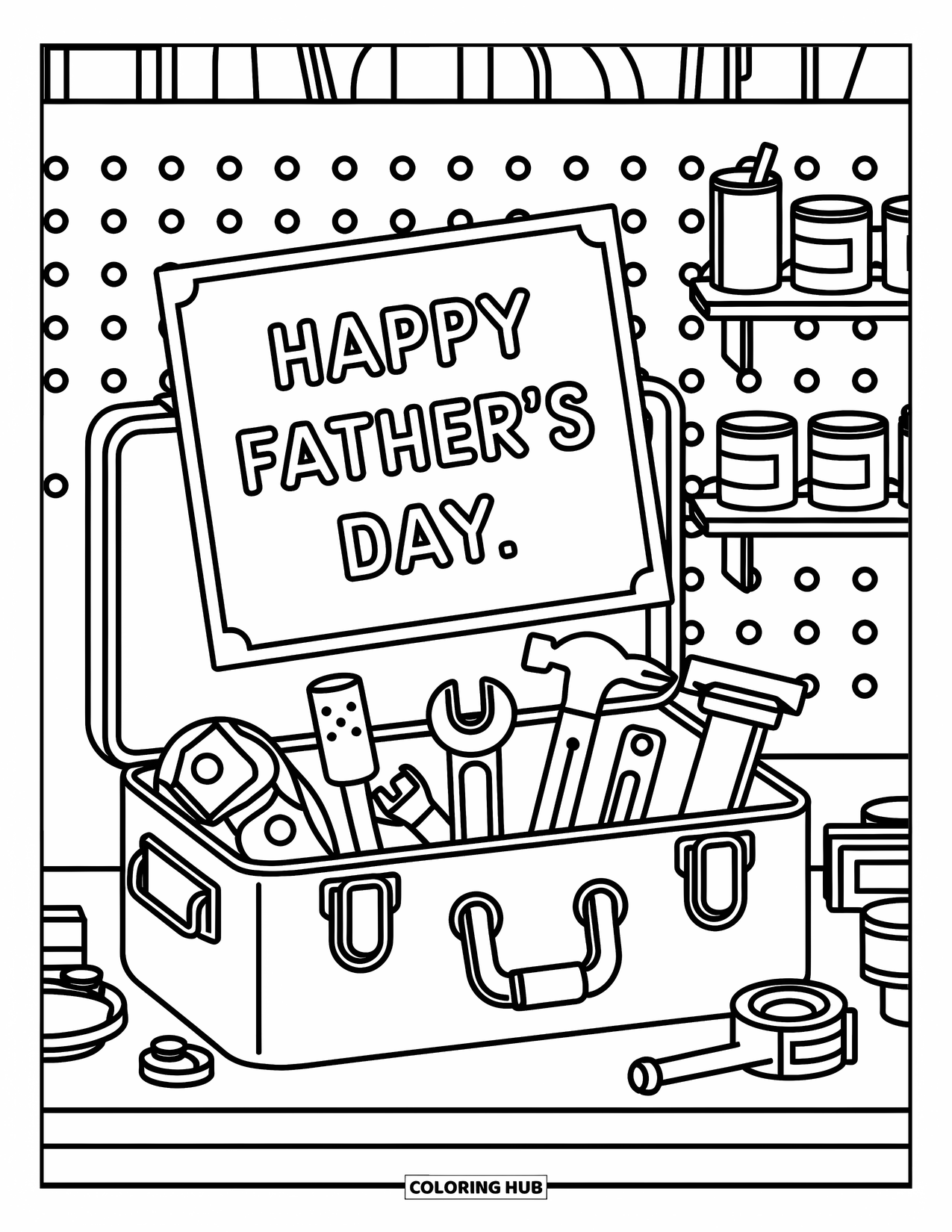 Happy Fathers Day Coloring Page for Adults: Tiny tools, a toolbox, and a sweet card create a cozy Father's Day scene