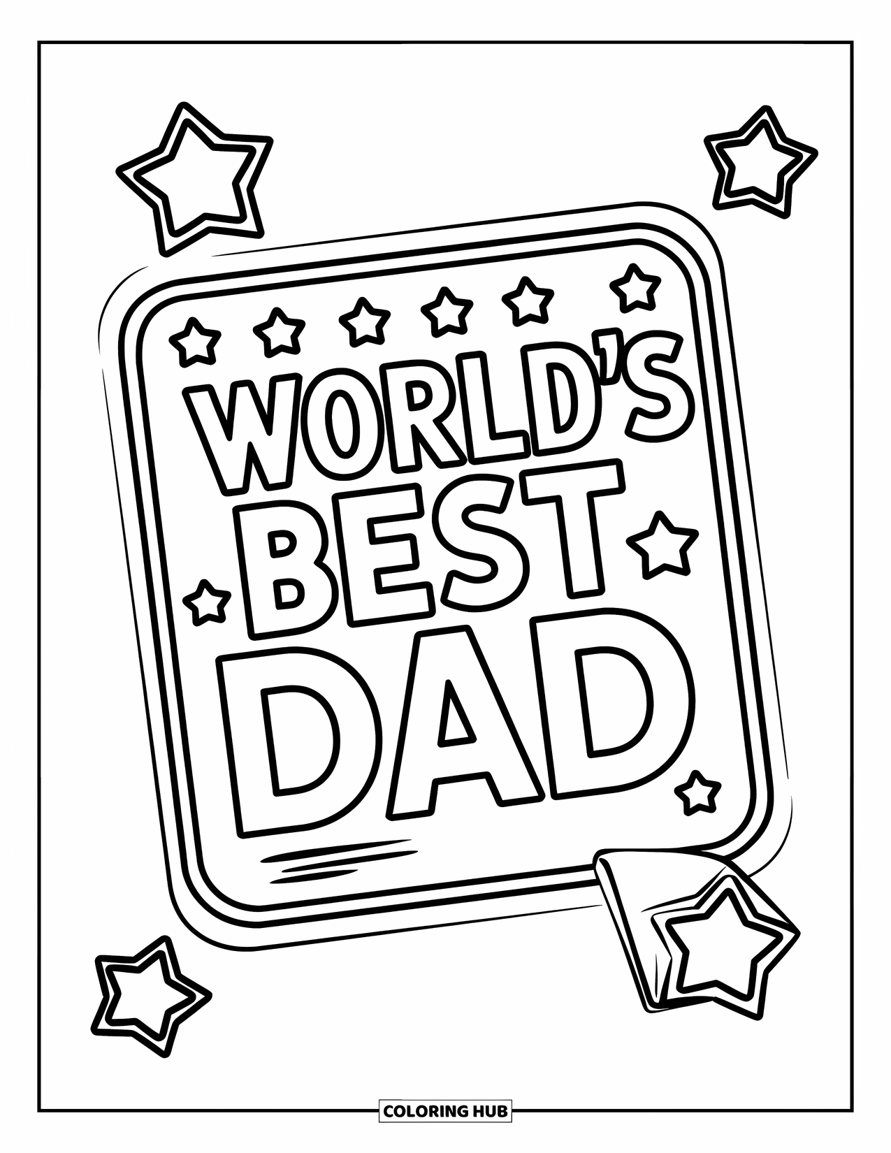 Happy Fathers Day Coloring Page for Kids: A badge labeled "World's Best Dad" sparkles with stars all around