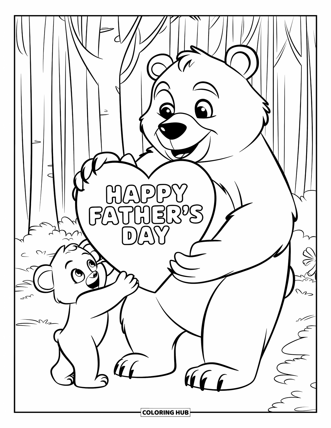 Happy Fathers Day Coloring Page for Kids: A bear cub hugs his dad with a giant heart that says "Happy Father's Day"