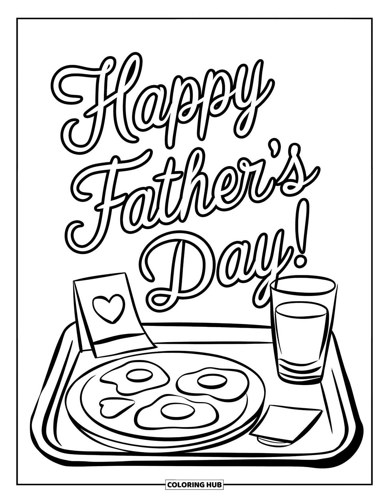 Happy Fathers Day Coloring Page for Kids: A breakfast tray with eggs and juice wishes "Happy Father's Day!"