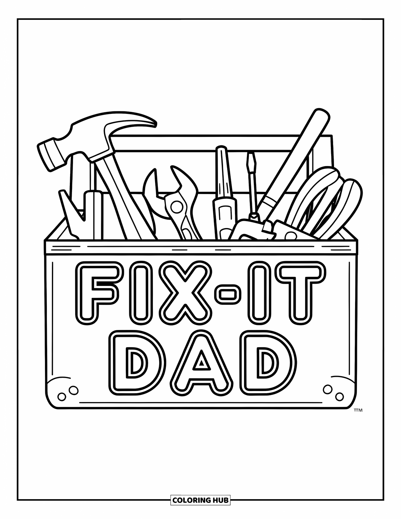 Happy Fathers Day Coloring Page for Kids: A classic tool set rests under the bold words "Fix-It Dad"