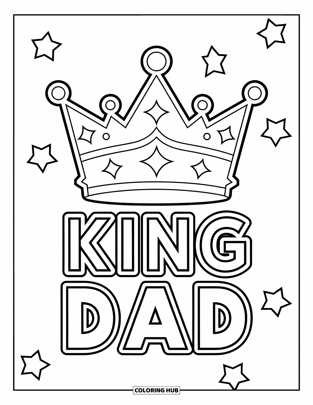 Happy Fathers Day Coloring Page for Kids: A crown labeled "King Dad" shines with big outlined stars