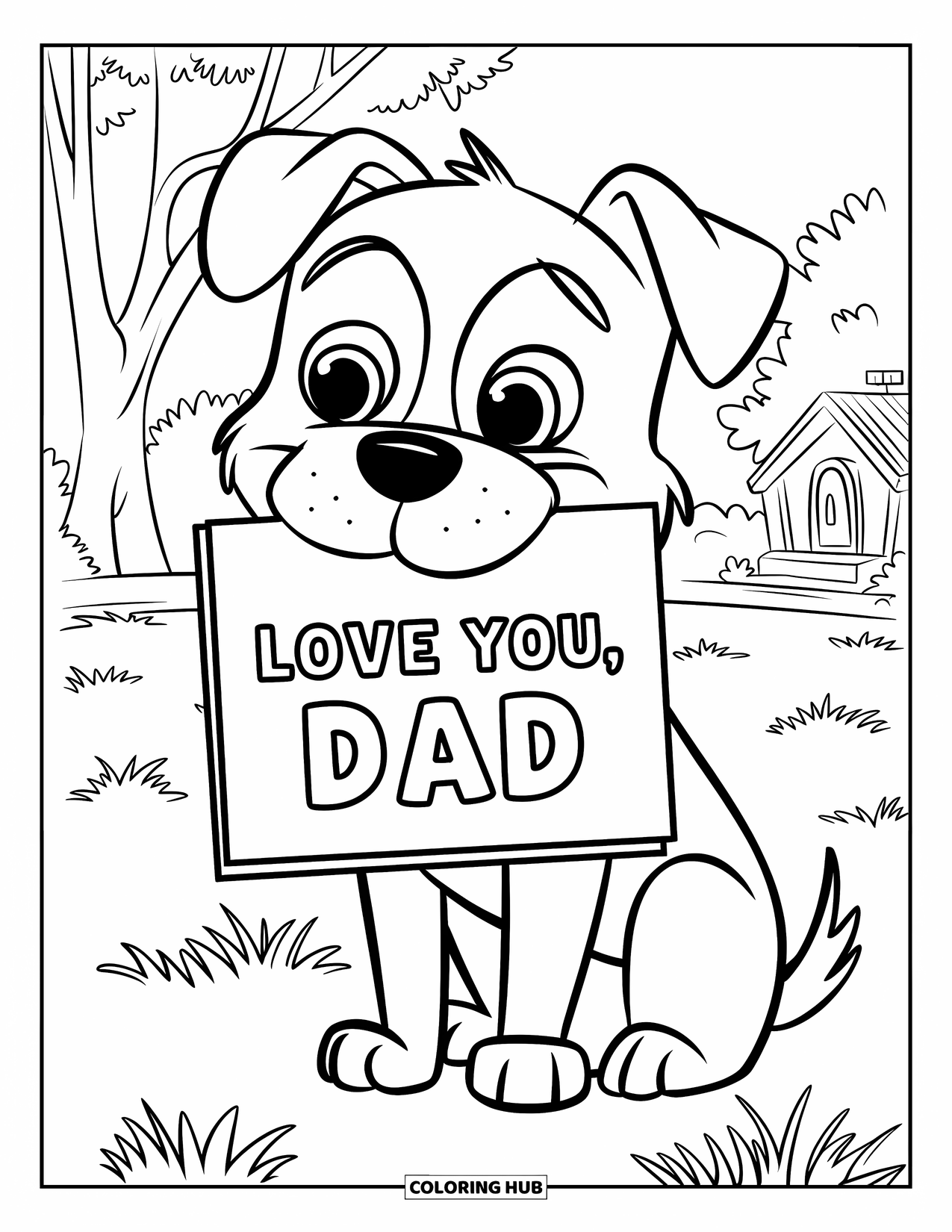 Happy Fathers Day Coloring Page for Kids: A cute dog holds a card for Dad near a tree and cozy home