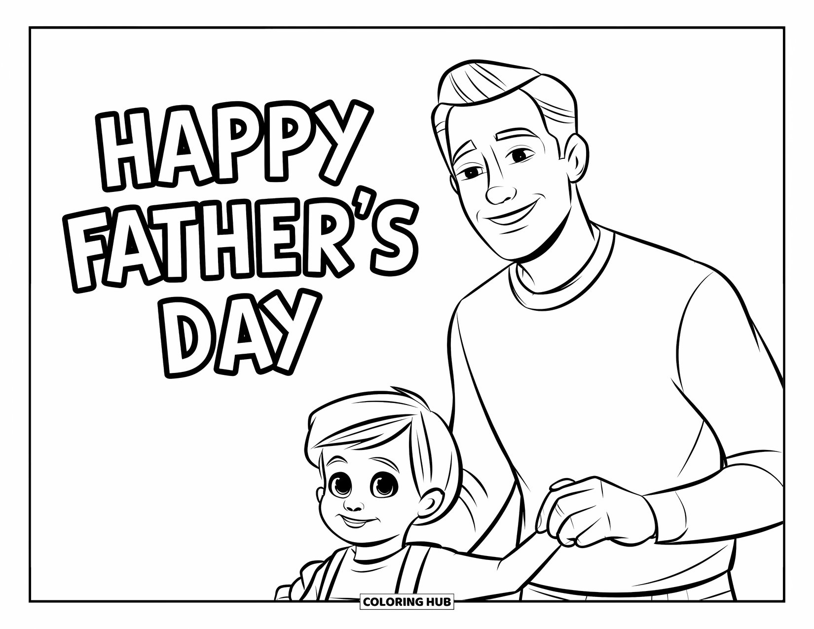 Happy Fathers Day Coloring Page for Kids: A dad and child hold hands with "Happy Father's Day" above