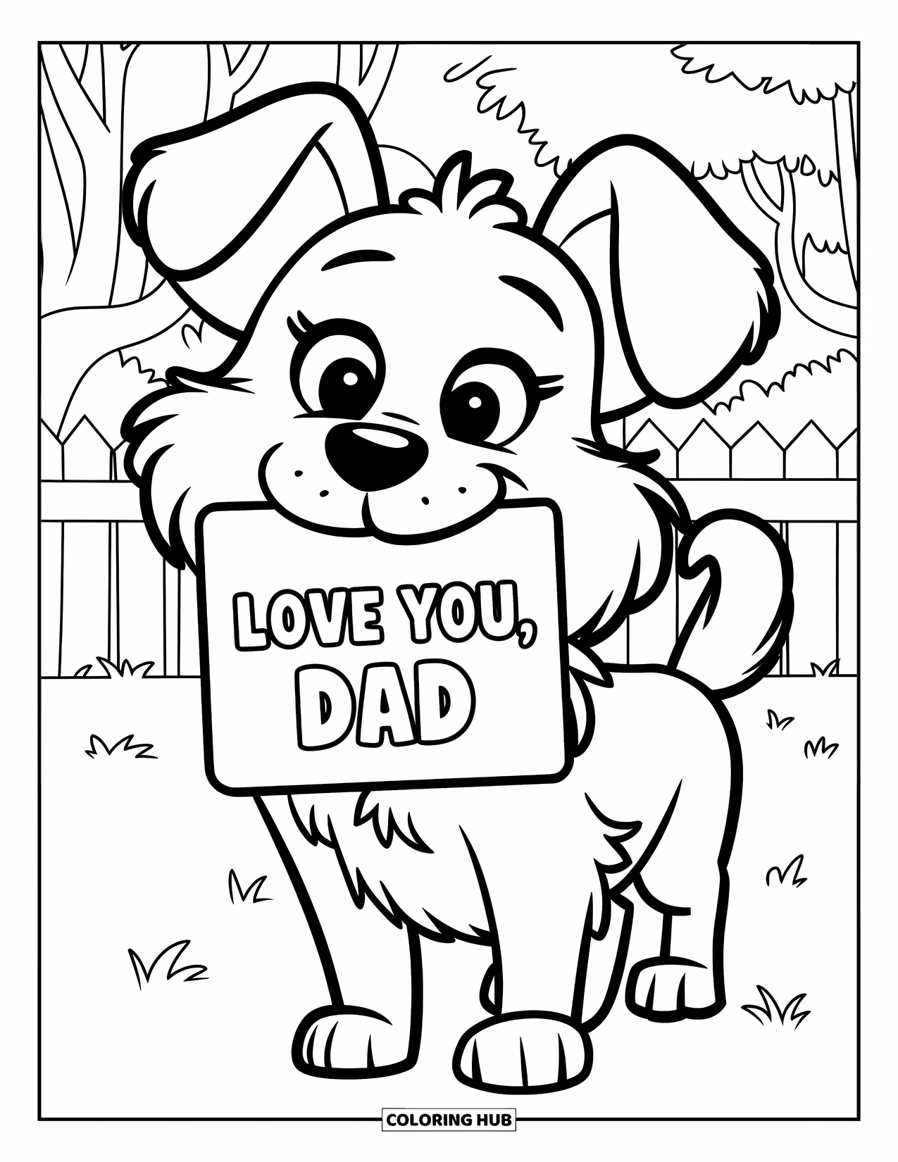 Happy Fathers Day Coloring Page for Kids: A fluffy dog carries a "Love You, Dad" card in a grassy yard